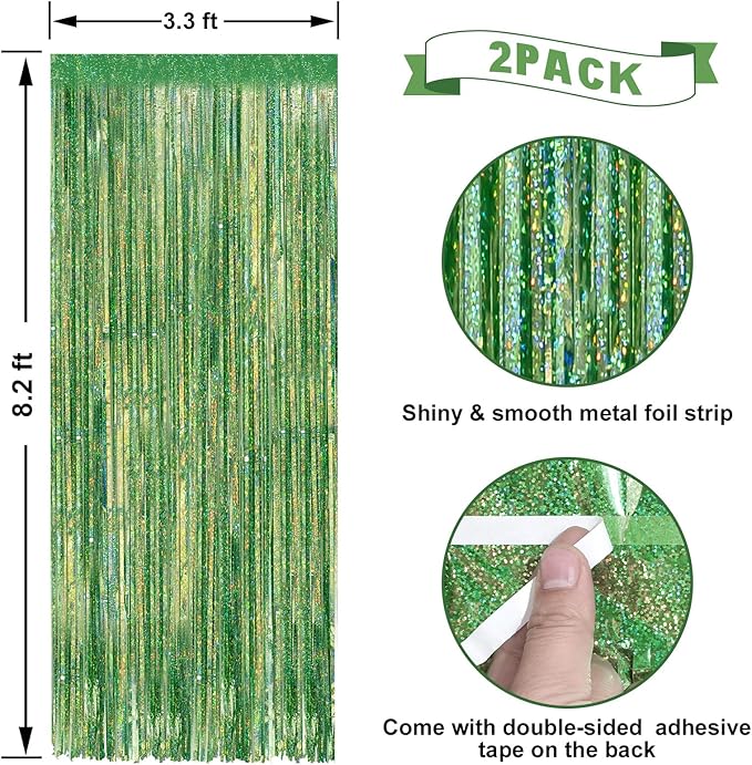 2 Pack Laser Green Foil Fringe Curtains Streamers Party Decorations 3.3 x 8.2 ft, Tinsel Curtain Fringe Backdrop for Parties, Door Fringe Birthday Streamers, Photo Booth Backdrops, Party Decor