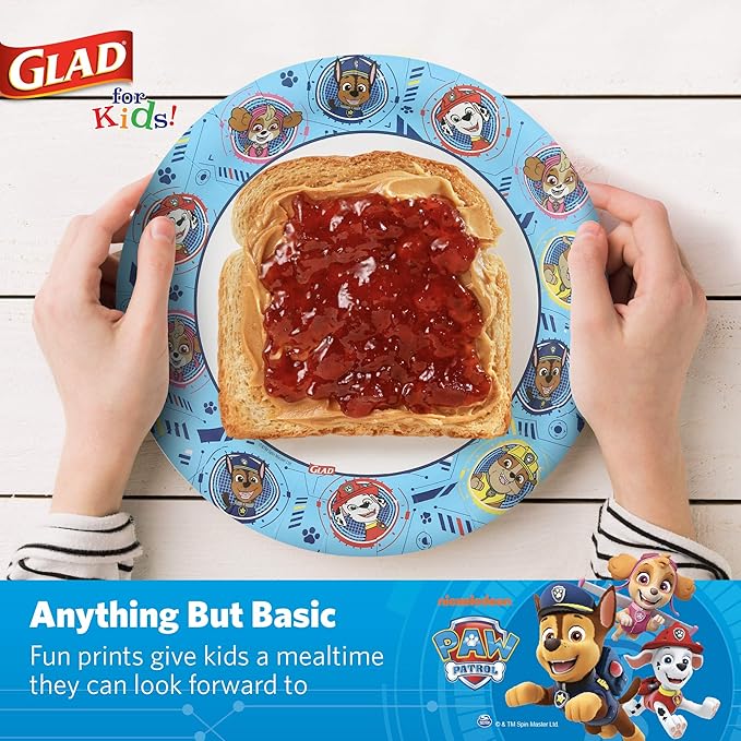 Glad for Kids Paw Patrol Disposable Paper Plates, Heavy Duty Soak Proof Microwavable Kids Plates for Parties, Birthdays, and Everyday Meals, Core Pups Blue, 7 Inch, 20 Count - 10 Pack