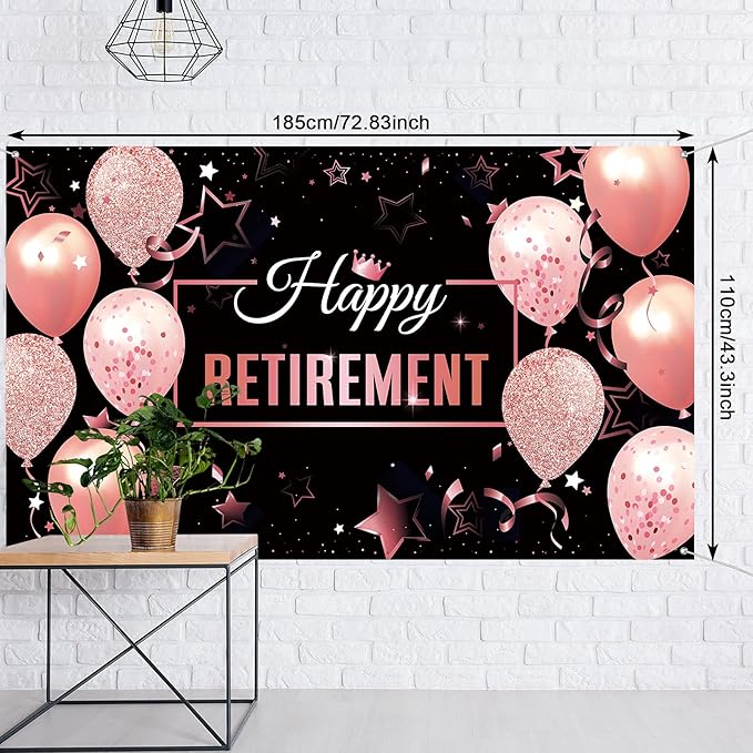 Blulu Retirement Party Decorations, Extra Large Fabric Retire Sign Banner Photo Booth Backdrop Background with Rope for Retirement Party Favor(72.8 x 43.3 Inch,Black and Rose Pink)