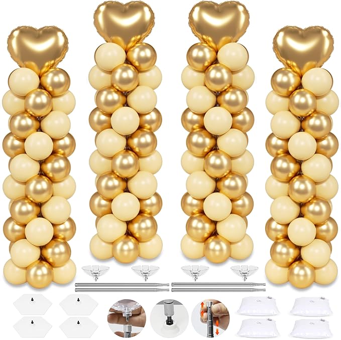 4 Sets Balloon Column Stand Kit, 7 Feet Height Adjustable Balloon Tower Pillar with Reusable Metal Telescopic Design for Graduation, Wedding, Baby Shower, Birthday Party Decoration