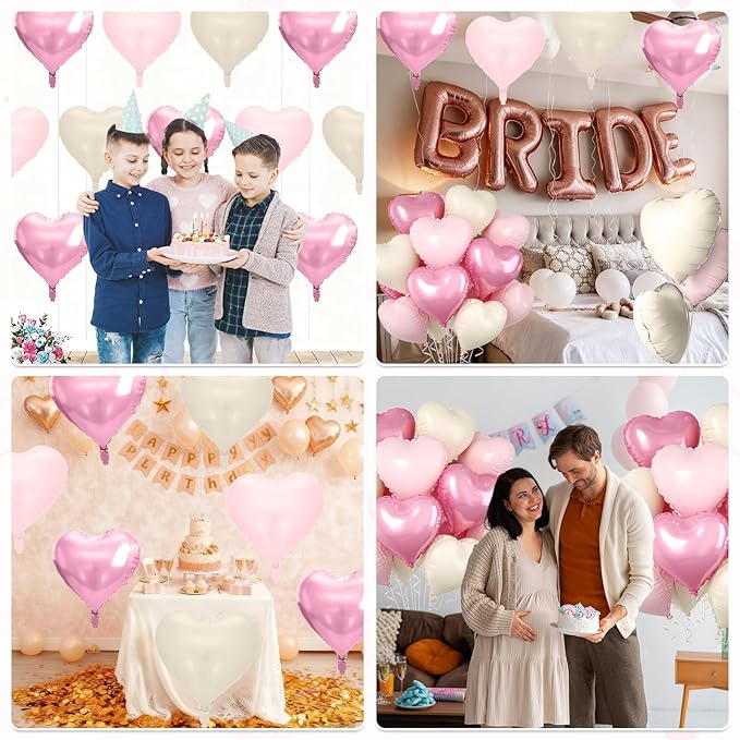 Pink Heart Balloons, 10 Pcs Pastel Light Baby Pink White Foil Heart Shaped Balloon, 18 Inch Cream Sand White Balloons Helium for Engagement, Brithday, Baby Shower, Wedding, Valentines Party Decoration