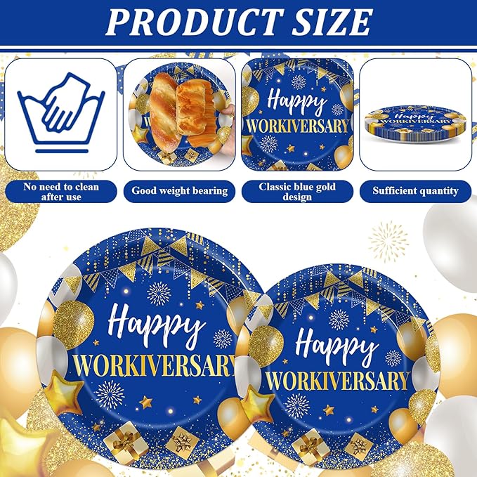 96Pcs Happy Work Anniversary Party Supplies Blue Gold Happy Workiversary Tableware Dinnerware Set Worker Appreciation Plates Napkins Decorations for Women Men Office Employee Worker