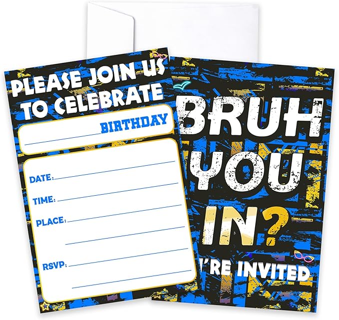CLIRBE Bruh Birthday Party Invitations, Glow Neon Invited Birthday Invitations For Brother Bro Teen Boys, 20 Invites Cards With 20 Envelopes, Party Supplies Favors -H03