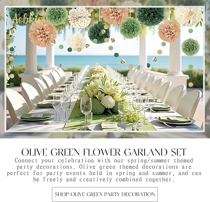 AOBKIAT Wedding Party Decorations Set,15PCS Green Tissue Paper Pom Poms,Dots Paper Garland String Hanging Backdrop for Engagement,Green Boho Wedding,Baby Shower