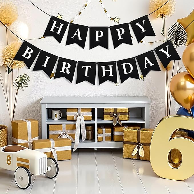 Black Happy Birthday Banner - Black Hanging Backdrop Sign With White Letters, Happy Birthday Sign Bunting Decorations For Men Women Kids Baby Shower Party Supplies (13pcs)