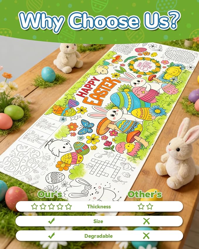 ATFUNSHOP Easter Giant Coloring Tablecloth 35" x 75" - Easter Crafts for Kids, Jumbo Paper Banner & Poster, Coloring Games & Party Activities - DIY Decorations & Gifts Games & Festive Decor