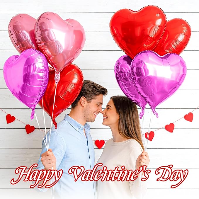 12 Pcs Red and Hot Pink Heart Foil Balloons for Valentines Day Decorations, 18 Inch Romantic Love Valentine Heart Balloons for Galentines Day Decorations Wedding Marriage Birthday Bridal Shower Party