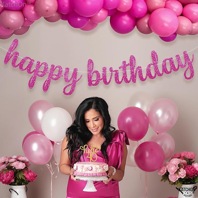KatchOn, Glitter Pink Cursive Happy Birthday Banner - Pre-Strung, 10 Feet | Birthday Decorations for Women, Girls | Hbd Banner Backdrop For Pink Birthday Decorations, Happy Birthday Sign
