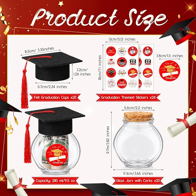 20 Sets Glass Graduation Cap Candy Jars Class of 2026 Graduation Party Decorations Candy Boxes Containers with Sticker for 2026 Grad Ceremony Party Supplies DIY(Red and Gold)