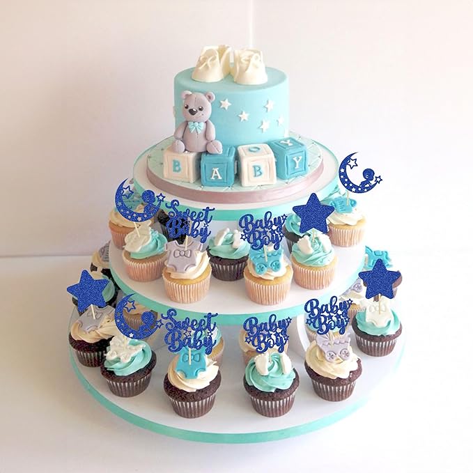 Gyufise 24Pcs Baby Shower Boy Cupcake Toppers Glitter Star Moon Sweet Baby Boy Cupcake Picks Baby Shower Boys Birthday Party Cake Decorations Supplies Deep Blue