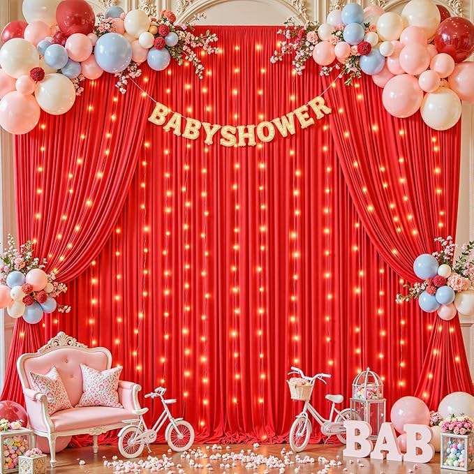 10 x 10 ft Red Backdrop Curtains with Lights String for Wedding Polyester Photo Backdrop Drapes Wrinkle Free Red Long Curtains for Birthday Parties Reception Baby Shower Ceremony-10 x 5ft x 2 Panels