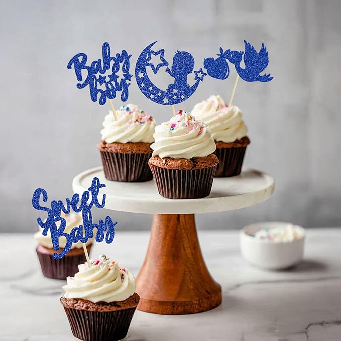 24Pcs Sweet Baby Boy Cupcake Toppers Moon Star Glitter Baby Shower Cupcake Picks Decorations for Gender Reveal Baby Shower Kids Boys Birthday Party Supplies Deep Blue
