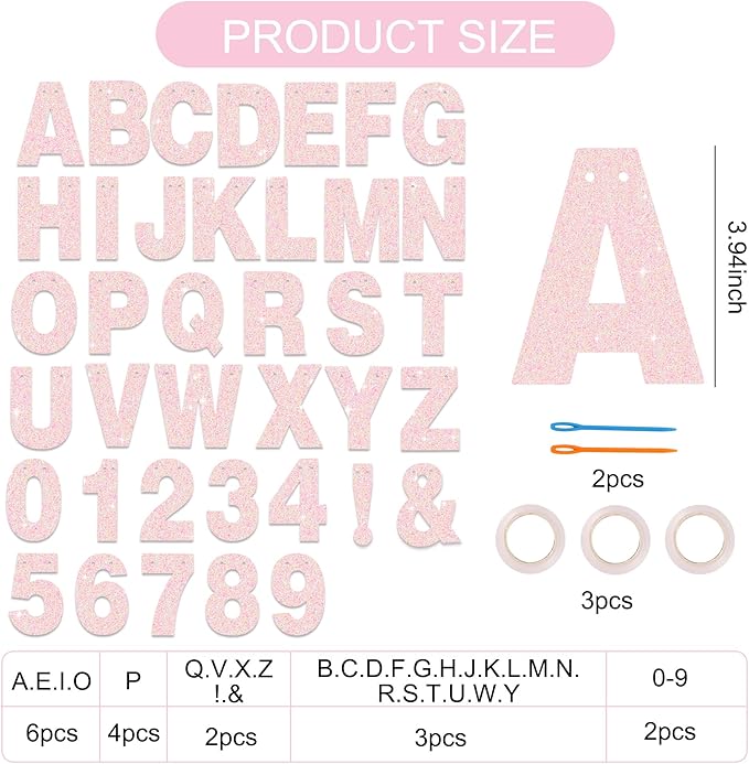 BEISHIDA 116 PCS A-Z DIY Letter Banner Kit Make Your Own Banner Glitter Light Pink Including 111 Letters and Numbers 3 Rope and 2 Threading Device,Customized for Birthday Wedding Party Decor