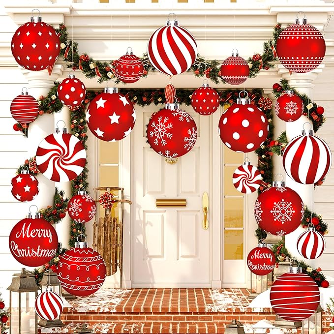 Huwena 24 Pcs Christmas Decorations Outdoor Christmas Hanging Ornaments Peppermint Candy Yard Signs Double Sided Lawn Decorations Peppermint Ornaments for Xmas(Red)