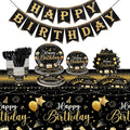 Vesici 171 Pcs Happy Birthday Party Supplies 24 Set Disposable Party Tableware include Plates Cups Napkins Cutlery and Banner Tablecloth Birthday Dinner Decorations for Men Woman(Black, Gold)