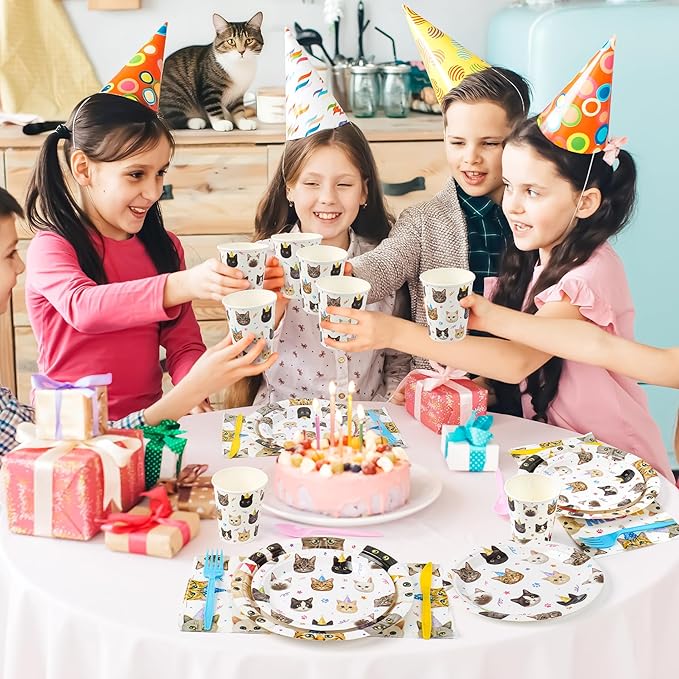 Cats Happy Birthday Party Plates Set, 168PCS Cats Themed Paper Plates Napkins Cups and Colorful Cutlery Set, 24 Set Cat Disposable Tableware Set for Birthday Party Supplies