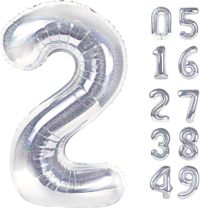 Laser Silver 2 Balloon, Number Balloons 40 Inch, 2nd Balloon Number Birthday Decorations, Second Two Birthday Party Supplies, Number 2 Balloon