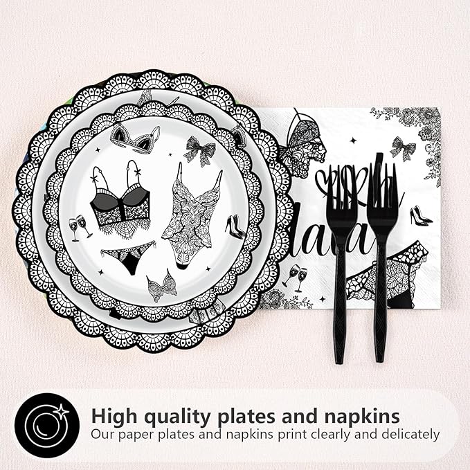 96Pcs Black Lingerie Happy Birthday Decorations Bras and Panties Plates and Napkins Lingerie Bachelorette Party Tableware for Women Girls Birthday Bachelorette Bridal Shower Party Supplies Serves 24