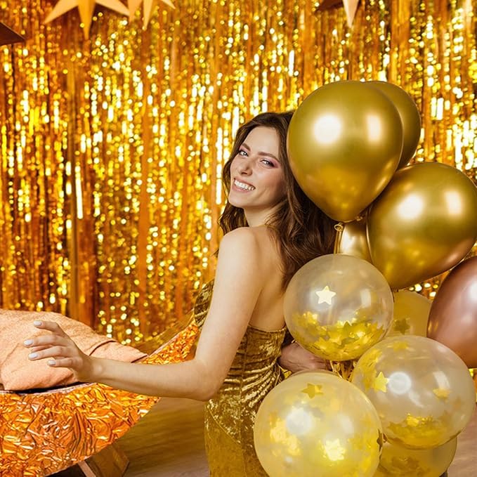 Gold Streamers Backdrop Curtains - 4 Pack of 3.2x8.2ft Gold Foil Fringe Curtain for Birthday Party Decorations