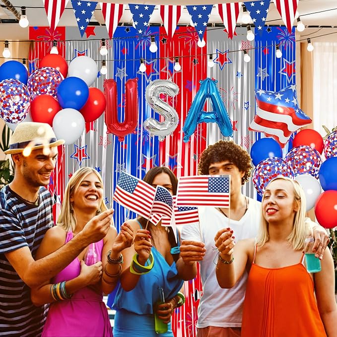 Red White and Blue Balloons Party Decorations with Patriotic Theme Foil Fringe Curtain for Graduation Party Supplies Nautical Veterans Memorial Day 4th of July Balloon Arch Decorations