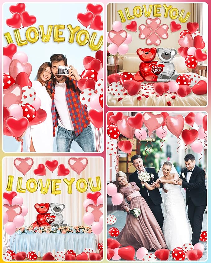 Valentines Balloon Kit Decor with I Love You Balloons, Heart Balloons with 1000 Pcs Silk Red Rose Petals for Valentines Day Galentines Party Decorations Proposal Wedding Anniversary Decor
