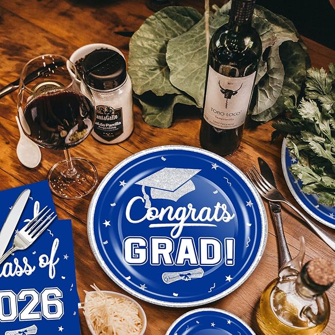 OuMuaMua 2026 Graduation Party Dinnerware Supplies - 200 Pcs Blue White Graduation Disposable Plates and Napkins for 2026 College High School Graduation Party Decorations, Serves 50