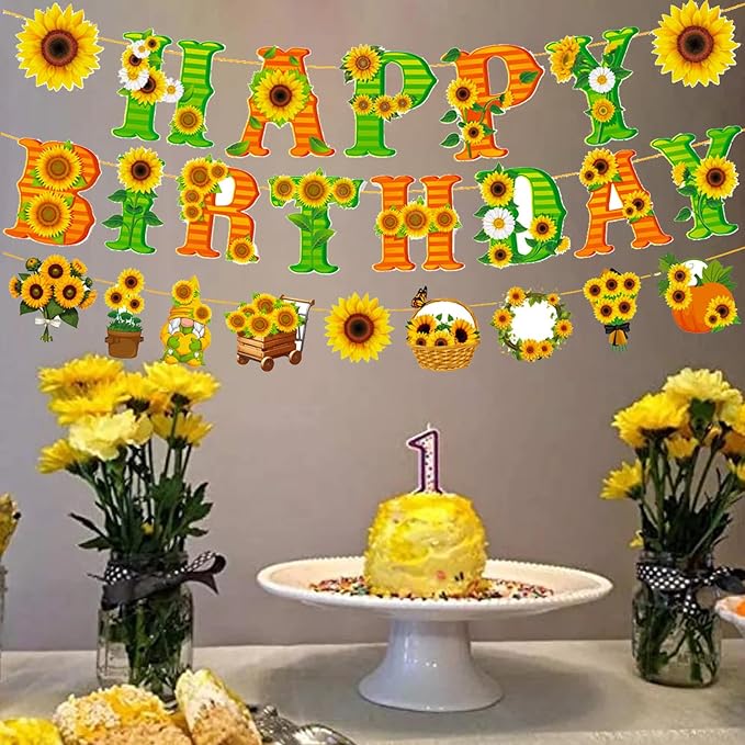 Zwiebeco Green Yellow Orange Sunflower Happy Birthday Party Decoration Banner Bunting Garland Hanging Paper for Boys Girls Kids Women Spring Summer Sunflower Flowers Themed Party Accessories Supplies