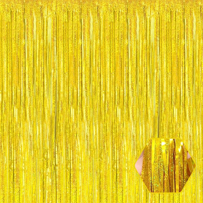 3 Pack Gold Foil Fringe Curtain Backdrop, 3.28Ft x 8.2Ft Metallic Tinsel Foil Fringe Streamer Curtains for Photo Booth, Mother's Day, Easter, Birthday, Wedding Party Decorations