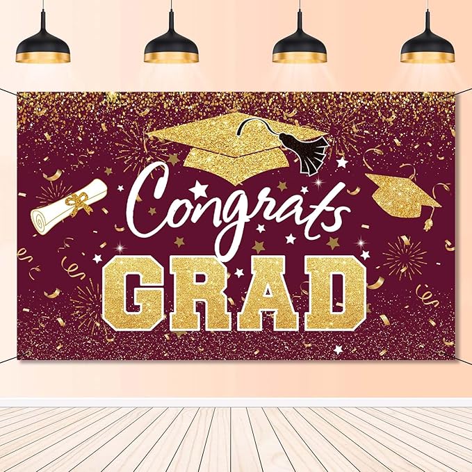 Graduation Party Decorations - Maroon Gold Congrats Grad Class of 2026 Backdrop Banner Large Sign Wall Decorations Photography Background Party Supplies for 2026 Graduation Party Decorations