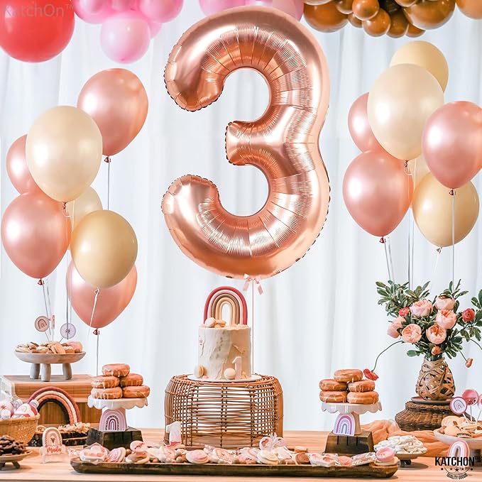 KatchOn, Large Rose Gold Number 3 Balloon - 40 Inch | Mylar Foil Balloon For 3rd Happy Birthday Decorations |Rose Gold Number 3 Balloon For 3rd Anniversary Decorations | Birthday Party Decoration