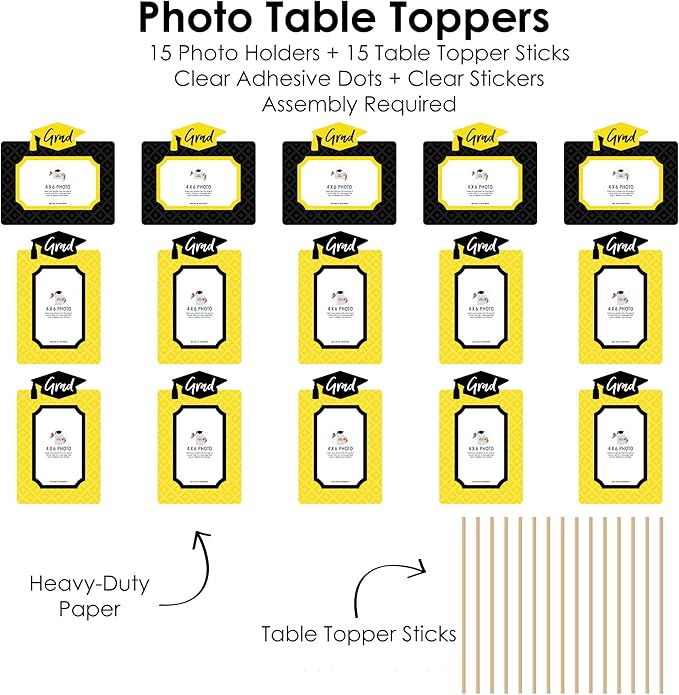 Big Dot of Happiness Yellow Graduation Photo Display Centerpiece Kit - 15 Double-Sided Photo Table Topper Sticks, Vertical and Horizontal 4x6 Picture Holders, DIY Party Decoration Set