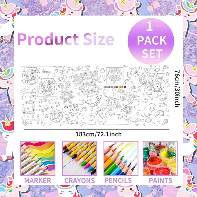 Unicorns Birthday Party Giant Coloring Poster, 30x72 Inches Versatile Unicorn Activity Paper Coloring Tablecloth, DIY Unicorn Poster Table Cover, Crafts for Kids Home Classroom Party Decorations