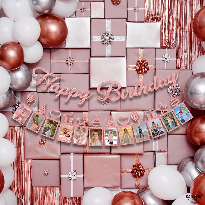 KatchOn, Glitter Rose Gold Happy Birthday Photo Banner - Prestrung, 10 Feet | Bday Picture Banner Decoration for Happy Birthday Decorations | Rose Gold Party Decorations