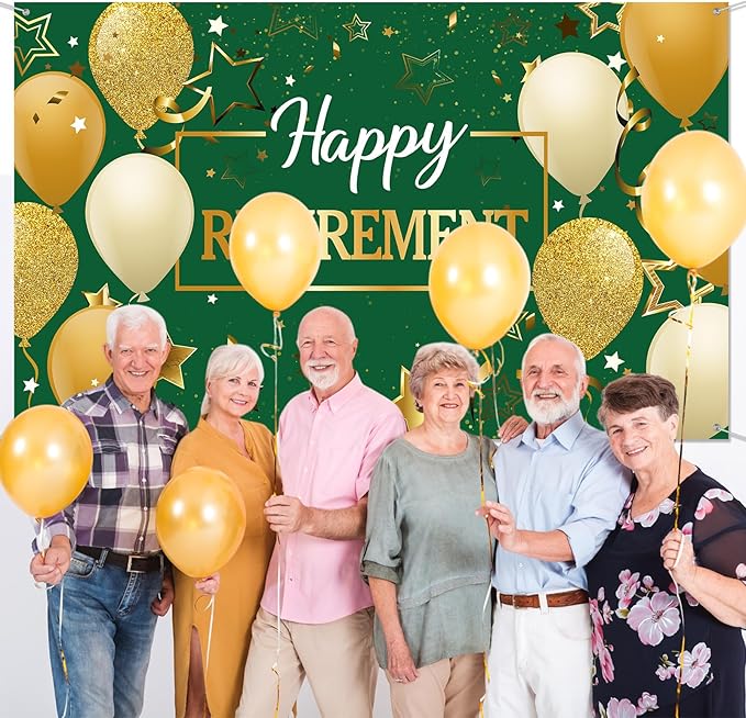 Blulu Retirement Party Decorations, Extra Large Fabric Retire Sign Banner Photo Booth Backdrop Background with Rope for Retirement Party Favor(72.8 x 43.3 Inches,Green and Gold)