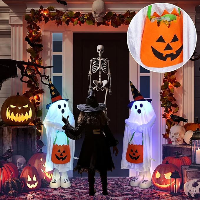 Halloween Decorations Outdoor Ghost Decor Light-Up Color-Changing Spooky Ghost Porch Decorations Trick or Treater with Candy Pocket Ghost Halloween Decor Indoor 1PACK 38" H