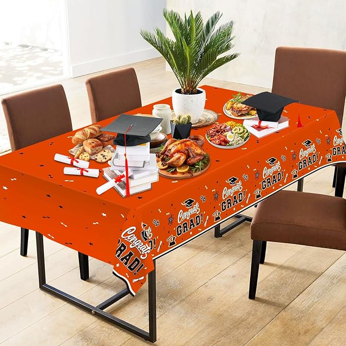2 Pack Orange Graduation Tablecloth - Congrats Grad Table Cloths, Plastic Disposable Rectangle Class of 2026 Table Cover for Graduation Tables Decorations Party Decor Supplies Favors,108 x 54 Inch