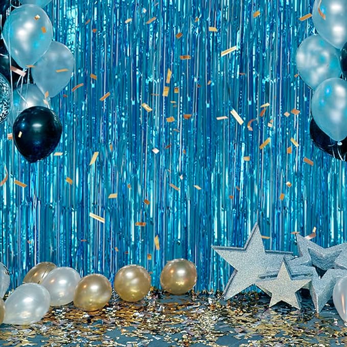 2 Pack Foil Fringe Backdrop - Blue Shiny Tinsel Curtains for Party Decoration/Photo Booth Props - 3.3x6.6 FT Metallic Foil Backdrop for Birthday, Wedding, Graduation, Christmas.