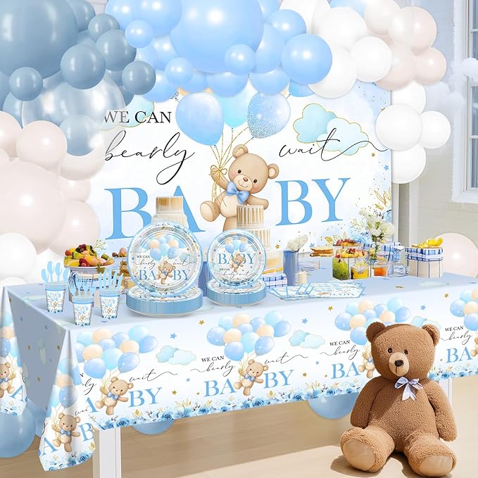 270 Pcs Blue Bear Baby Shower Decorations: We Can Bearly Wait Baby Shower Banner Disposable Plates Napkins Cups Tablecloth Balloons for Boy Serve 24