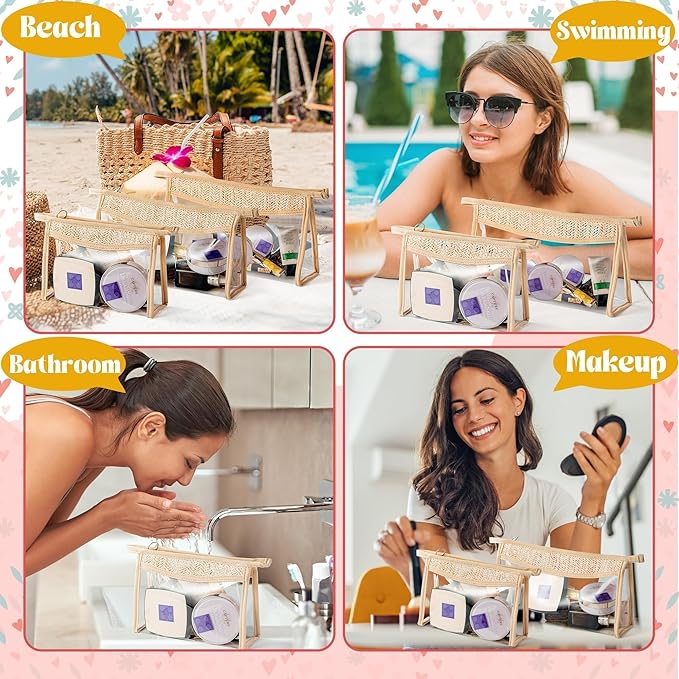Boho Patch Cosmetic Bag - 3Pcs Summer Toiletry Bag Beige Clear Waterproof Travel Makeup Bag PVC Zipper Clutch Daily Use Purse Summer Beach Gifts for Women Girls (Clear Cosmetic Bag)