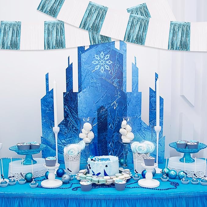 BEISHIDA 3 Packs Metallic Foil Fringe Garland Light Blue White Wall Hanging Tinsel Fringe Banners for Car Floats Bridal Shower Wedding Birthday Graduation Holiday Party Decoration(30 Feet)