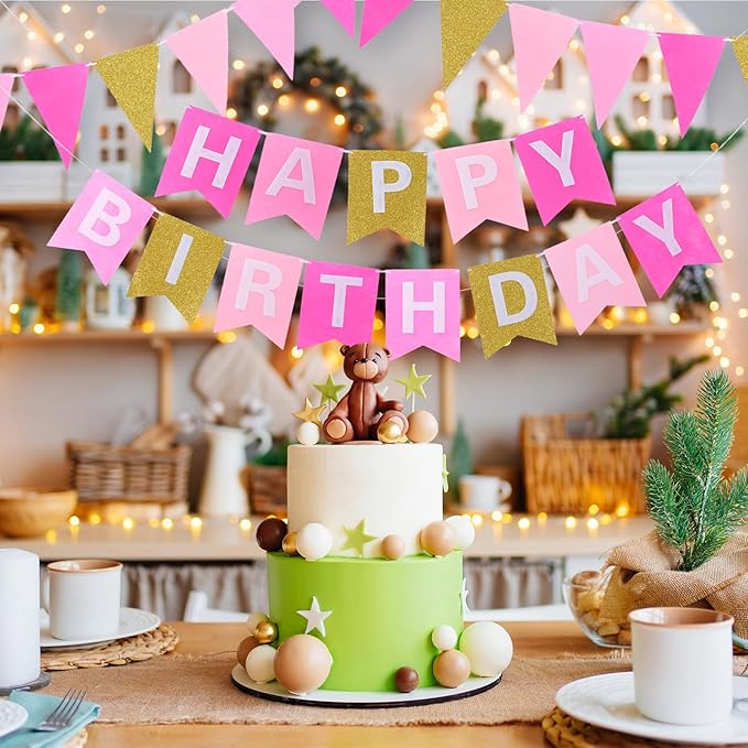 Irenare 4 Pieces Happy Birthday Banner Colorful Birthday Party Decor Rainbow Felt Garland Banner Party Decorations Supplies(Gradient Pink and Gold)