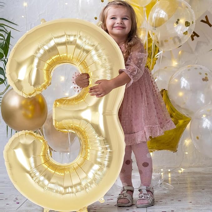 Light Gold Number 3 Balloon 40 Inch, Big Large Foil Helium White Gold Number Balloons, Giant Mylar Number 3 Balloons for 3 Year Old Birthday Party Decorations Supplies Anniversary