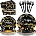 96 Pcs Happy Anniversary Decorations Disposable Black and Gold Anniversary Party Paper Plates and Napkins Tableware Set Wedding anniversary Party Supplies for 40th 50th 60th Wedding Favors 24 Guests