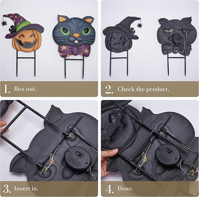 TERESA'S COLLECTIONS Pre-Lit Halloween Decorations Outdoor, Solar Garden Stake with 2 Stacks Cute Black Cat Pumpkin, Jack O Lantern Metal Yard Art Lawn Gift for Valentines Party Porch Patio Decor, 23"