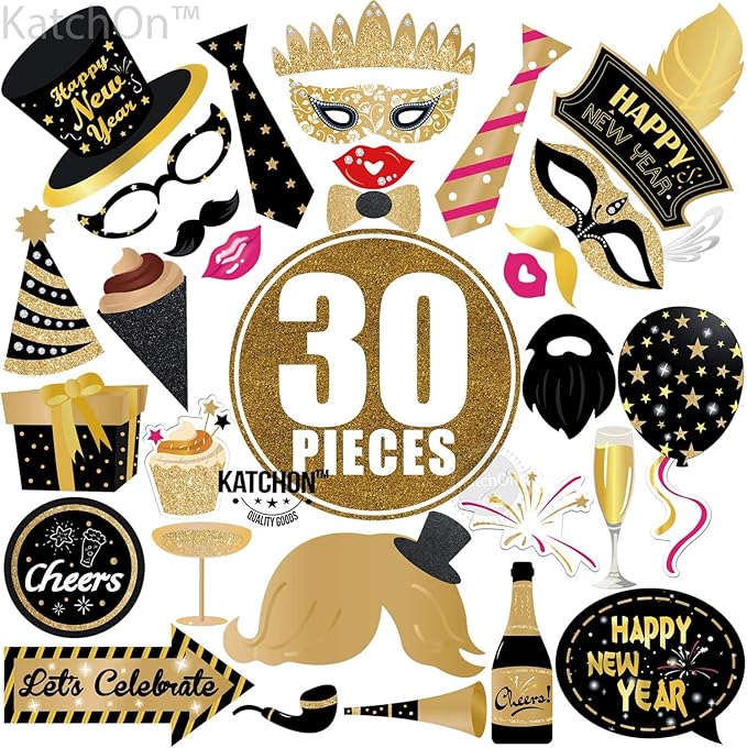 KatchOn, Glitter New Years Photo Booth Props 2026 - Pack of 30 | New Years Eve Photo Booth Props 2026 for New Years Eve Party Supplies 2026 | NYE Party Favors 2026 for Happy New Years Decorations 2026