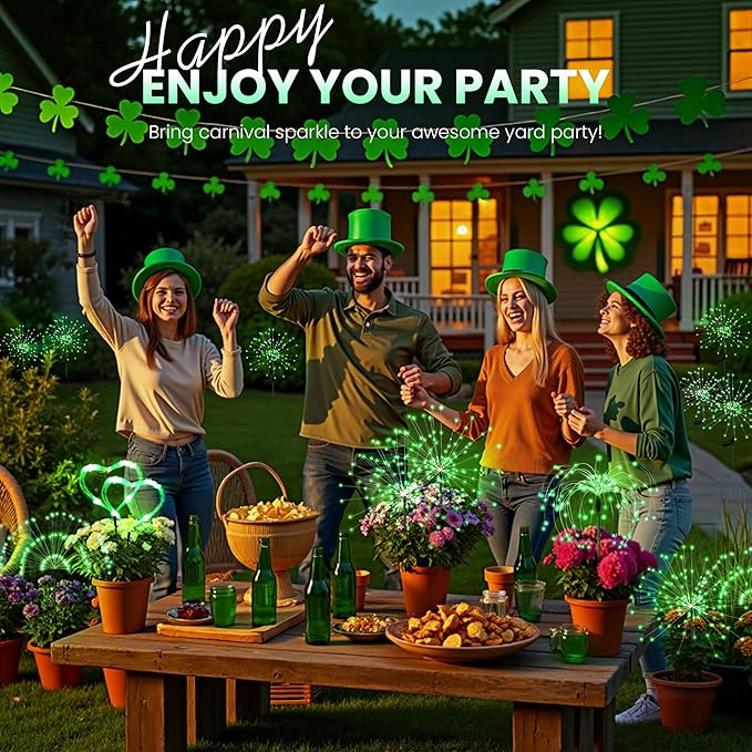 4 Pack St. Patrick's Day Solar Lights Outdoor, Solar Garden Lights Outside Fairy Firework Decorative,Solar Powered for Wedding,Yard Pathway Party Balcony Patio Decor (Green