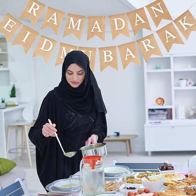 Ramadan Eid Mubarak Burlap Banner Muslim Fireplace Mantel Decoration Pre-Strung Ramadan Bunting for Wall Porch Party Indoor Outdoor Decor