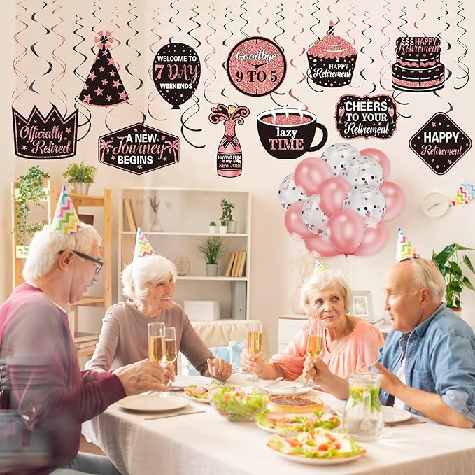 Tenare 44 Pcs Retirement Party Decorations Retirement Party Banner Balloons Confetti Hanging Swirls Decor Kit for Women Party Indoor Outdoor Supplies(Black and Rose Gold)