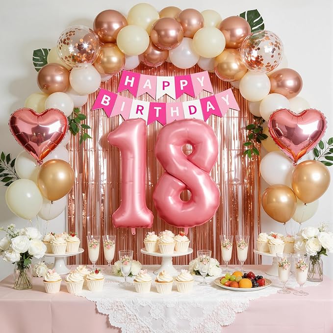 18th Birthday Decorations for Girls, Rose Gold and Black Party Supplies Set with Happy 18th Banner, Number 18 Balloon and Foil Fringe Curtains, 18 Year Old Kit