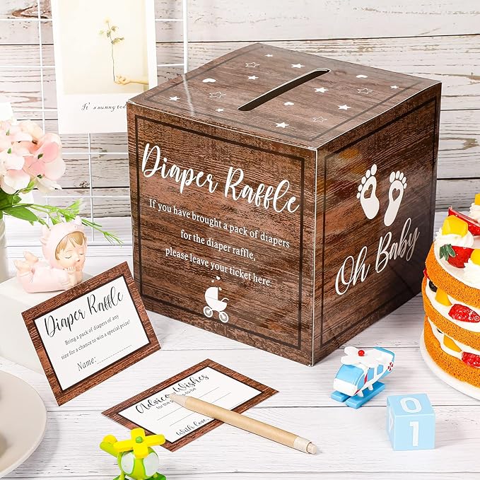 Funrous 51 Diaper Raffle Tickets with Box for Baby Shower Game Invitations Diaper Raffle Card for Gender Reveal Baby Shower Party Decoration Table Centerpiece(Dark Brown)